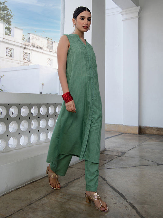 Janasya Straight Jacquard Sage Self Design V-Neck with Band Collar Kurta & Bottom - Swadesiicart