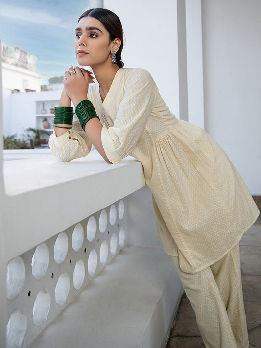 Janasya A-Line Dobby Cotton Cream Self Design V-Neck Tunic & Bottom | Swadesiicart