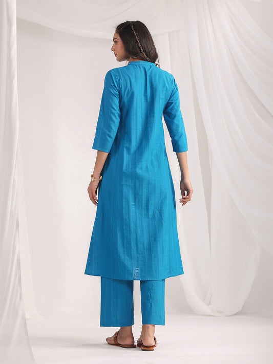 Janasya A-Line Jacquard Teal Solid Band Collar Co-Ords - Swadesiicart