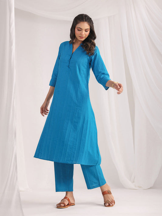 Janasya A-Line Jacquard Teal Solid Band Collar Co-Ords - Swadesiicart