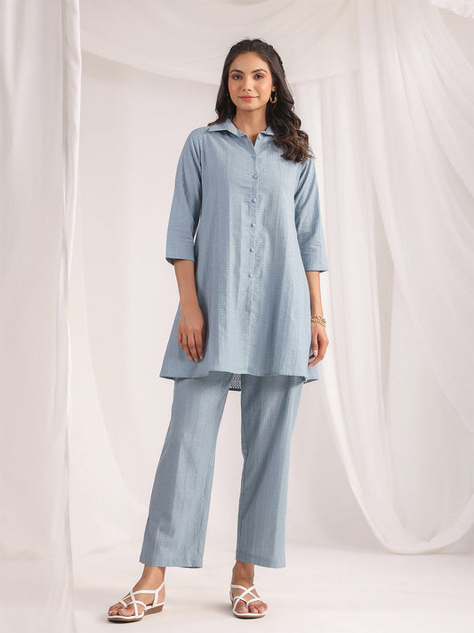 Janasya Light Jacquard Self Design Shirt Top & Bottom Set | Swadesiicart