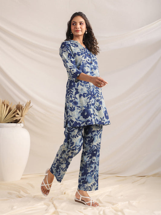 Janasya Dark Cotton Floral Straight Top & Bottom Set | Swadesiicart