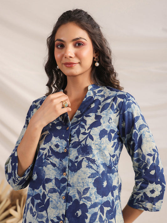 Janasya Dark Cotton Floral Straight Top & Bottom Set | Swadesiicart