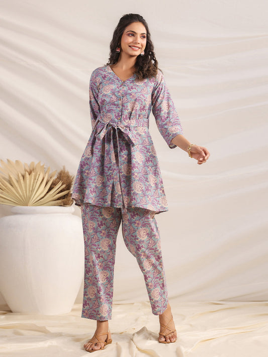 Janasya A-Line Cambric Grey Ethnic Motifs V-Neck Co-Ords - Swadesiicart