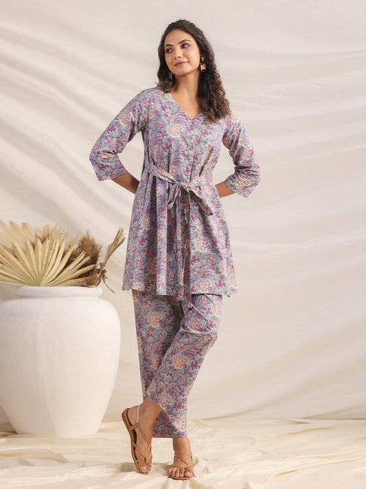 Janasya A-Line Cambric Grey Ethnic Motifs V-Neck Co-Ords - Swadesiicart