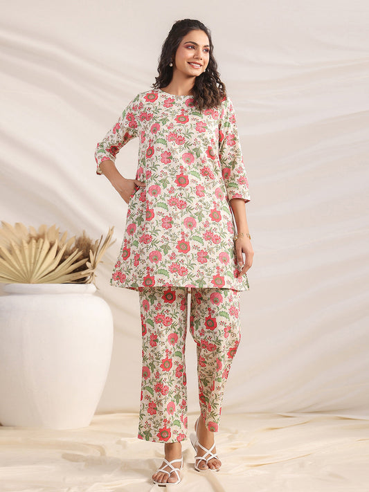 Janasya A-Line Cambric Beige Floral Round Neck Co-Ords - Swadesiicart