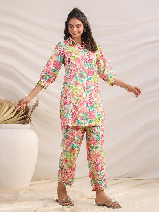 Janasya Multicolour Cambric Floral Co-Ords - Swadesiicart