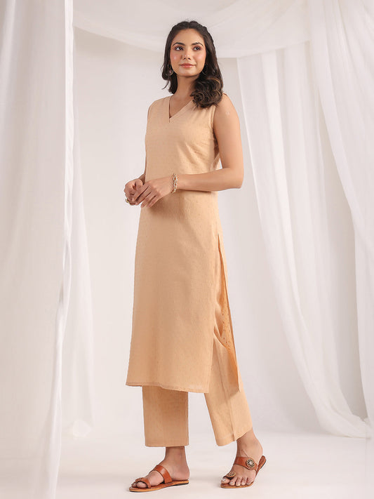 Janasya Straight Dobby Cotton Beige Solid V-Neck Co-Ords - Swadesiicart