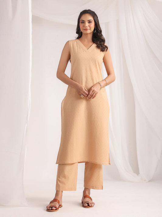 Janasya Straight Dobby Cotton Beige Solid V-Neck Co-Ords - Swadesiicart