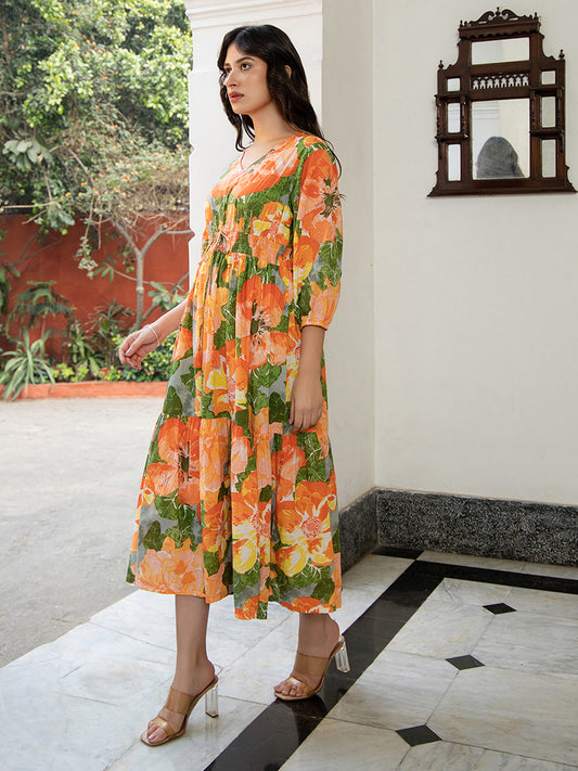 Janasya Multicolour Cambric Floral Dress | Swadesiicart