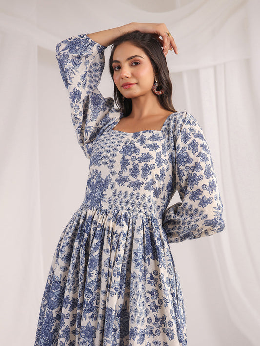 Janasya Off White Cambric Floral Dress | Swadesiicart