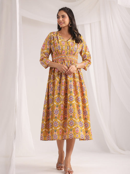 Janasya Gathered Cambric Mustard Ethnic Motifs V-Neck Dress | Swadesiicart
