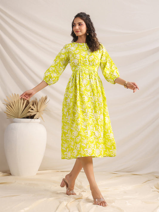 Janasya Lime Cambric Floral Dress | Swadesiicart