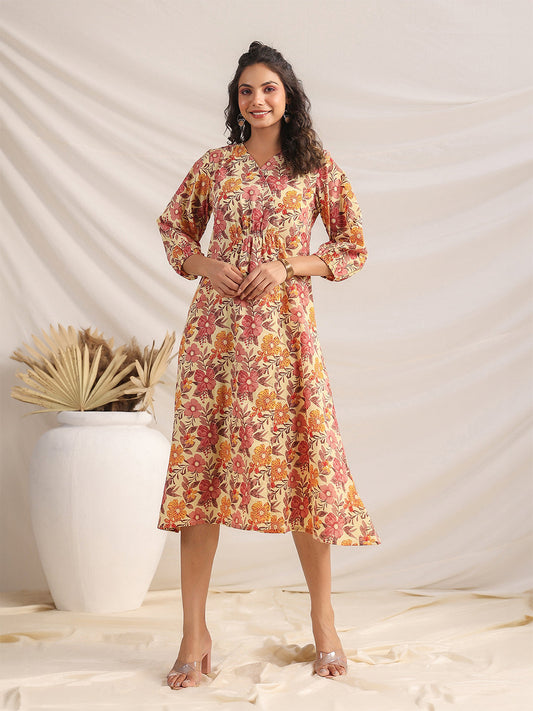 Janasya Gathered Cambric Yellow Floral V-Neck Dress | Swadesiicart