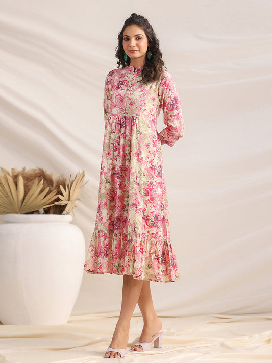 Janasya Light Cotton Abstract Gathered Dress | Swadesiicart