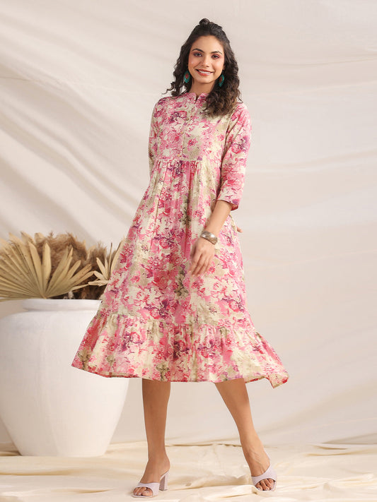 Janasya Pink Cambric Abstract Dress | Swadesiicart
