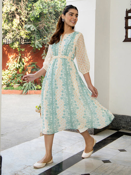 Janasya Off White Dobby Georgette Floral Flared Dress | Swadesiicart