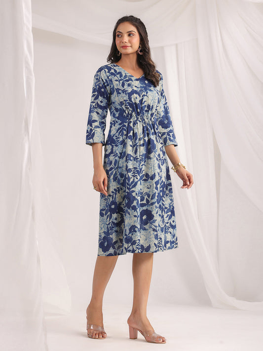 Janasya Indigo Cambric Floral Dress | Swadesiicart
