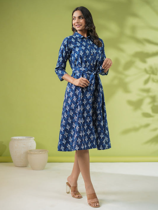 Janasya Dark Cotton Ethnic Motifs Shirt Dress Dress | Swadesiicart