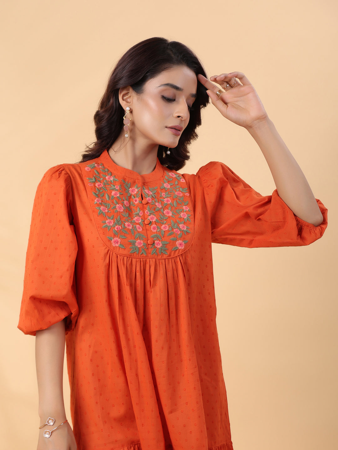 Janasya Pleated Dobby Cotton Rust Embroidered Band Collar Dress | Swadesiicart