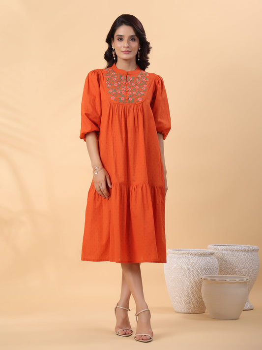 Janasya Pleated Dobby Cotton Rust Embroidered Band Collar Dress | Swadesiicart