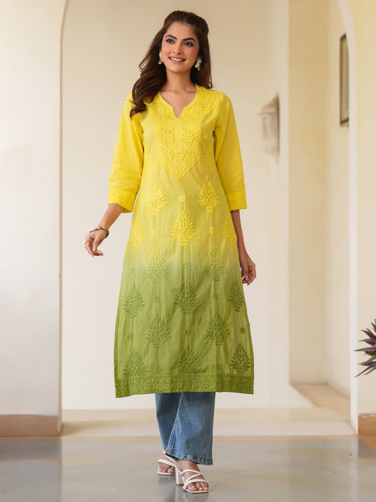 Janasya Bright Cotton Ombre Straight Kurta | Swadesiicart