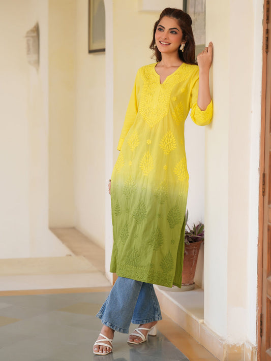 Janasya Bright Cotton Ombre Straight Kurta | Swadesiicart