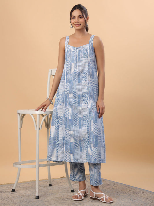 Janasya A-Line Cambric Blue Ethnic Motifs Sweetheart Neck Set | Swadesiicart