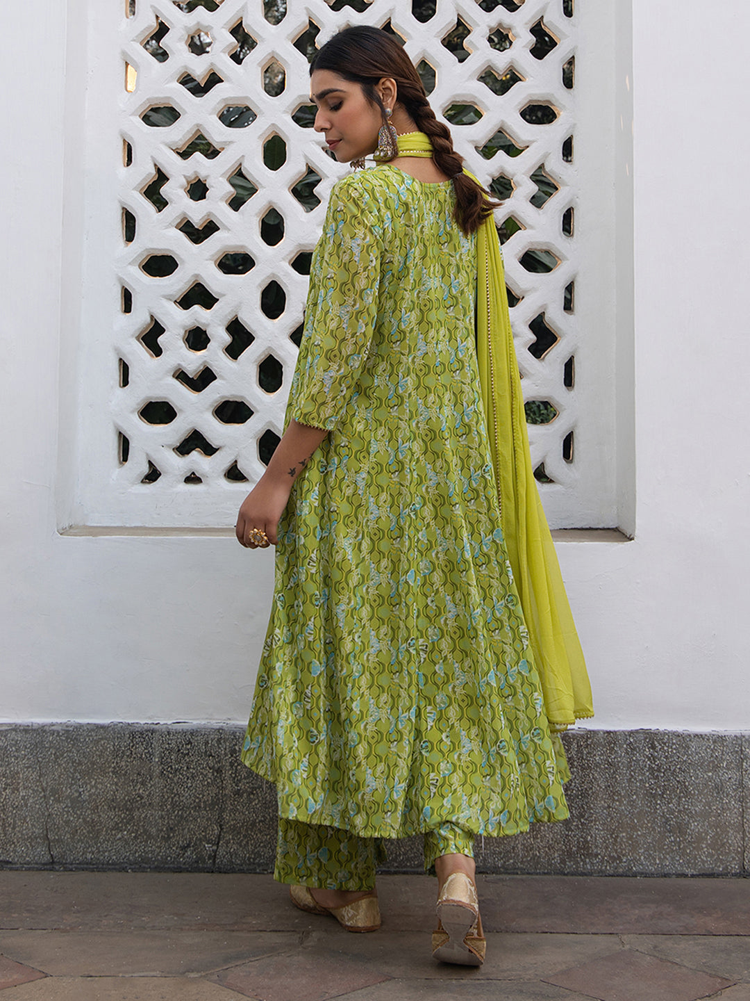 Janasya Anarkali Weightless Georgette Lime Green Yoke Embroidery Notch Neck Set | Swadesiicart