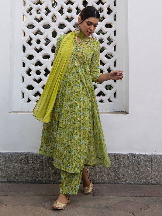 Janasya Anarkali Weightless Georgette Lime Green Yoke Embroidery Notch Neck Set | Swadesiicart