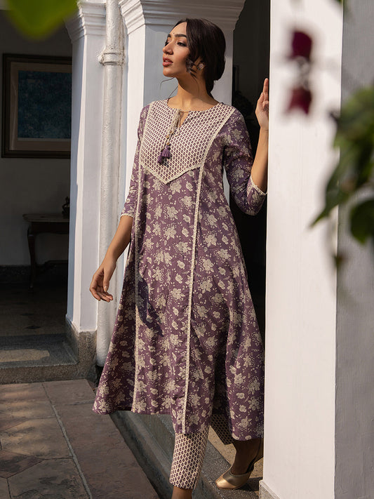 Janasya Purple Cambric Floral Kurta Set | Swadesiicart