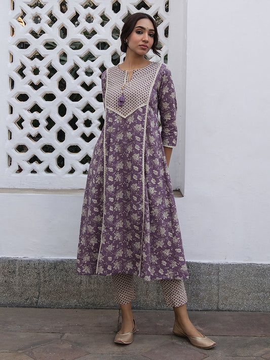 Janasya Purple Cotton Floral Kurta Set | Swadesiicart