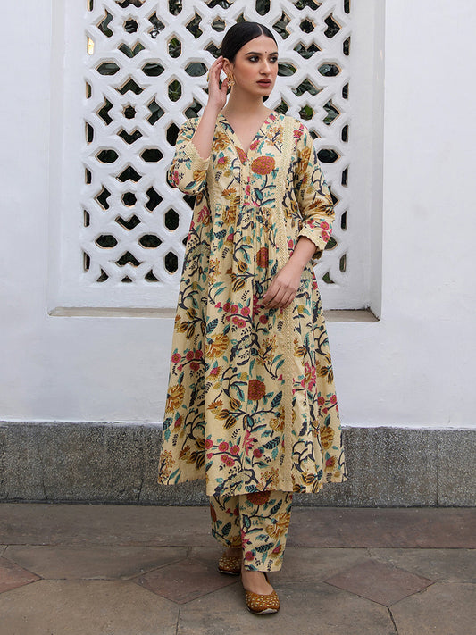 Janasya Gathered Cambric Beige Floral V-Neck Kurta & Bottom | Swadesiicart