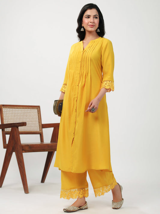 Janasya A-Line Muslin Yellow Embroidered V-Neck with Band Collar Kurta & Bottom | Swadesiicart