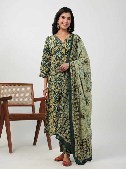 Janasya Straight Cambric Green Ethnic Motifs V-Neck Set | Swadesiicart