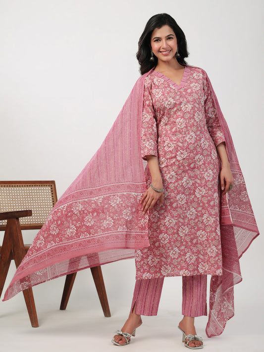 Janasya Straight Cambric Pink Floral V-Neck Set | Swadesiicart