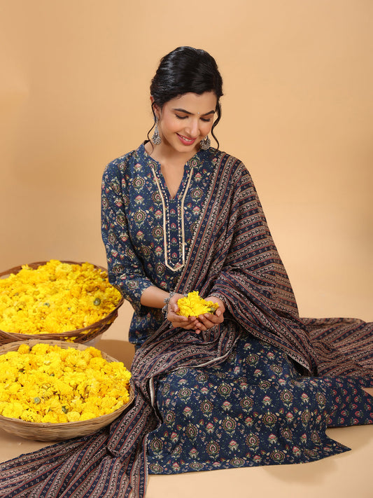 Janasya Straight Cambric Dark Blue Ethnic Motifs Band Collar Kurta,Bottom & Dupatta | Swadesiicart