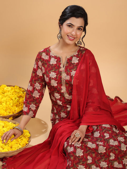 Janasya Regular Cambric Maroon Striped Notch Neck Set - Swadesiicart