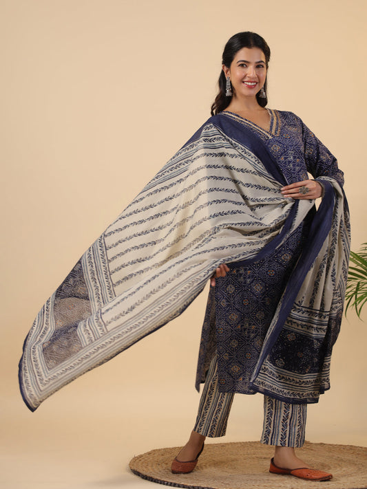 Janasya Straight Cambric Dark Blue Bandhani V-Neck with Band Collar Kurta Set | Swadesiicart