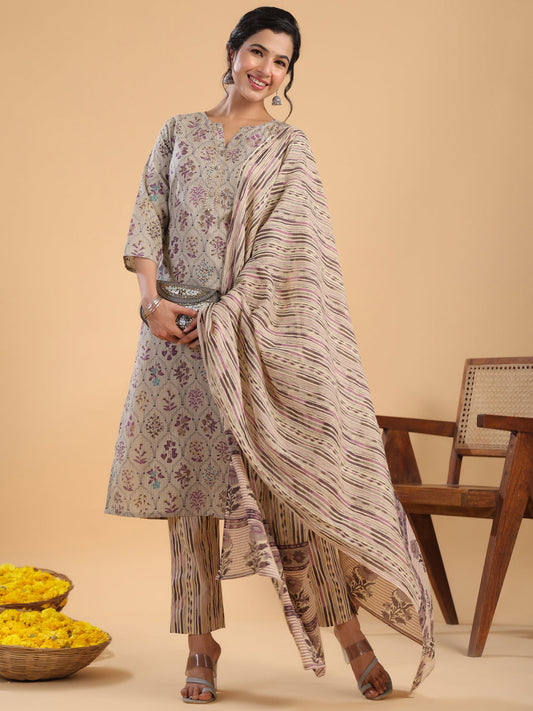 Janasya Regular Cotton Cream Floral Notch Neck Kurta,Bottom & Dupatta | Swadesiicart
