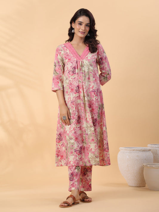 Janasya Gathered Cambric Cream Abstract V-Neck Kurta & Bottom | Swadesiicart