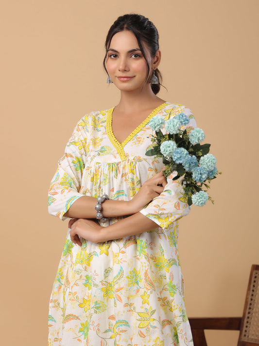 Janasya A-Line Cambric White Floral V-Neck Set | Swadesiicart