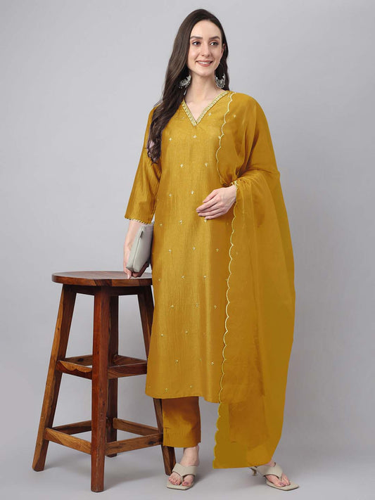Janasya Regular Chinnon Mustard Ethnic Motifs V-Neck Kurta,Bottom & Dupatta | Swadesiicart