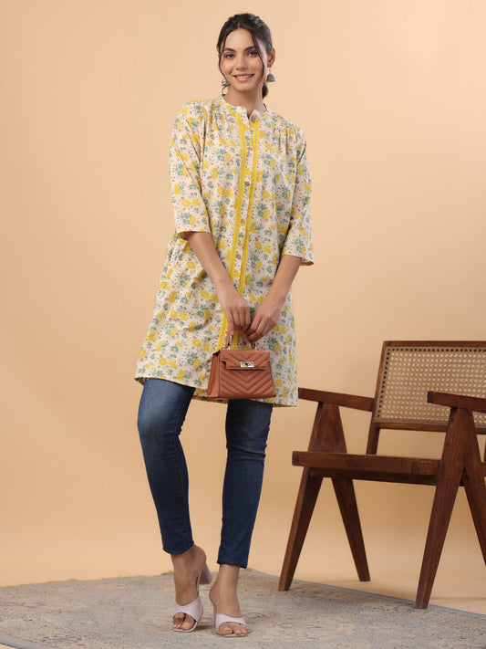 Janasya A-Line Cambric Beige Floral Band Collar Tunic | Swadesiicart