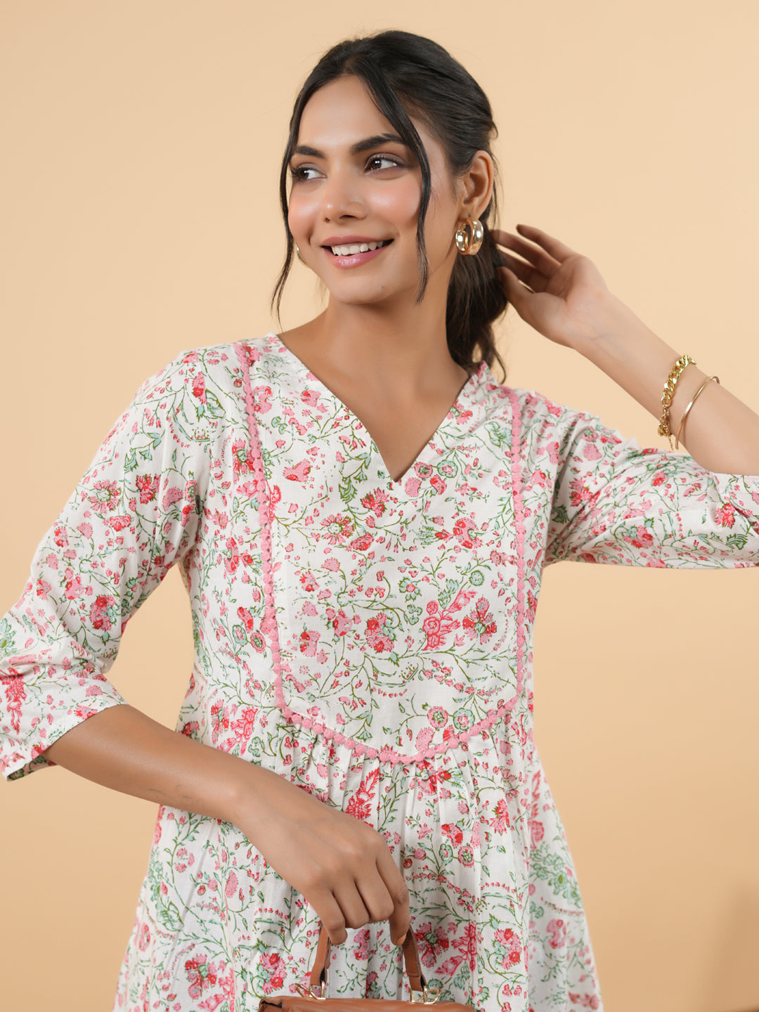 Janasya Light Floral A-Line Tunic | Swadesiicart