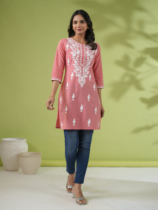 Janasya Straight Cambric Beige Embroidered Round Neck Tunic | Swadesiicart