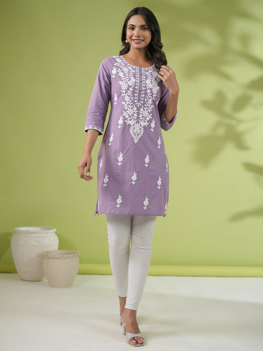 Janasya Lavender Cambric Embroidered Tunic | Swadesiicart