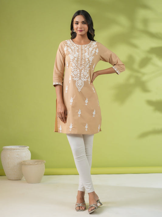 Janasya Straight Cambric Beige Embroidered Round Neck Tunic | Swadesiicart