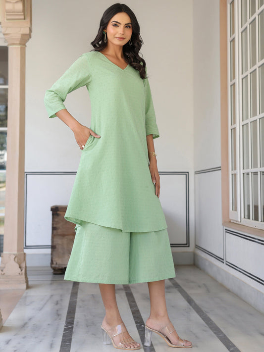 Janasya Light Dobby Cotton Self Design A-Line Top & Bottom Set | Swadesiicart