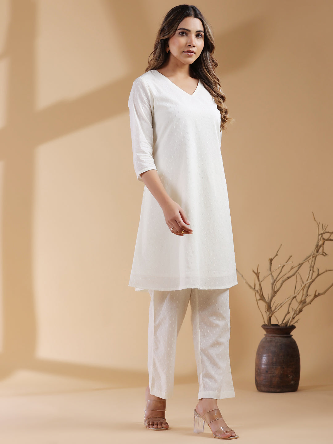 Janasya Off White Dobby Cotton Self Design A-Line Kurta Set | Swadesiicart